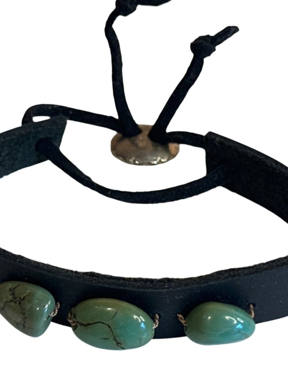 Handcrafted Bracelet Black Leather Faux Turquoise Green Beads Southwestern